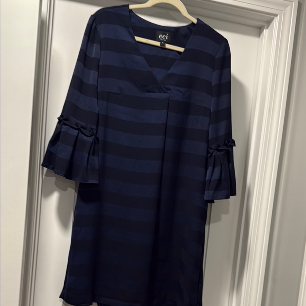 ECI Blue Sheath Dress with Bell Sleeves and V-Neck